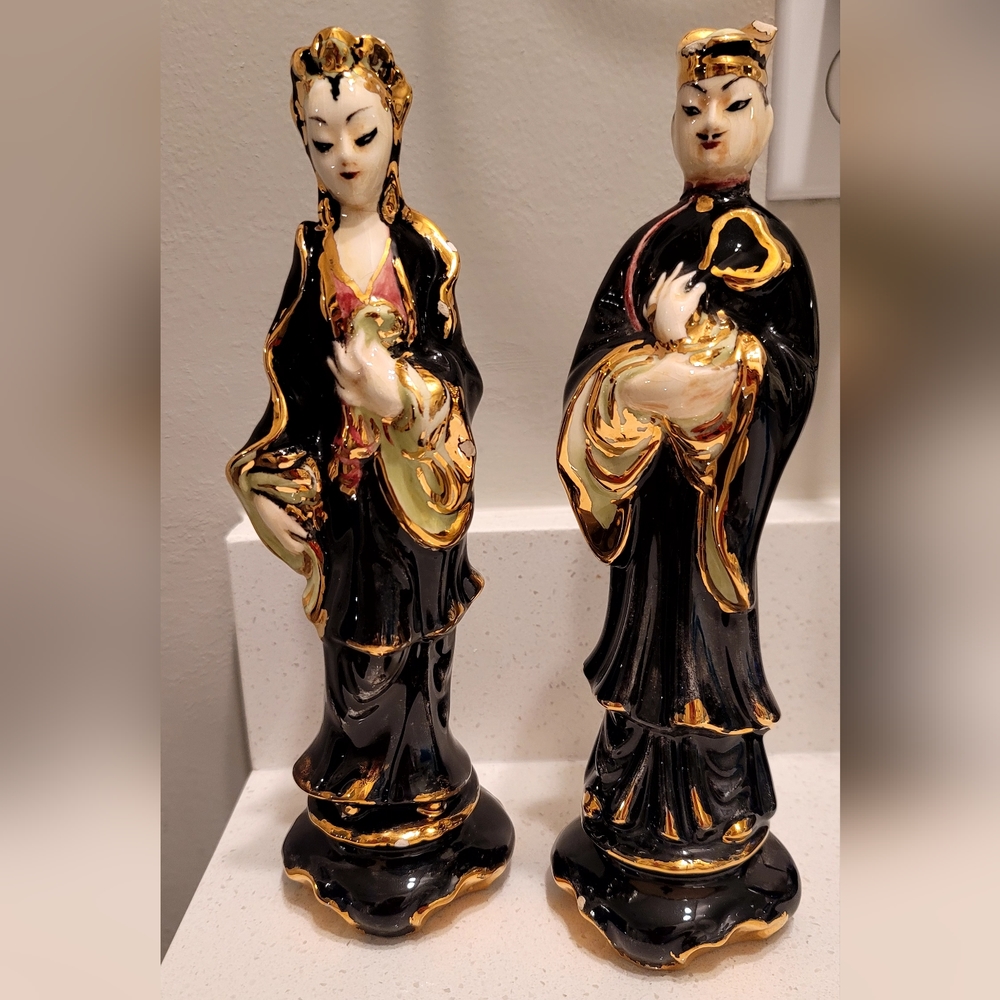 Antique porcelain rare gold trimmed oriental statues